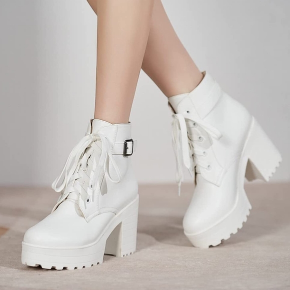 Platform Ankle Boots Lace up Block Heel - Picture 4 of 10